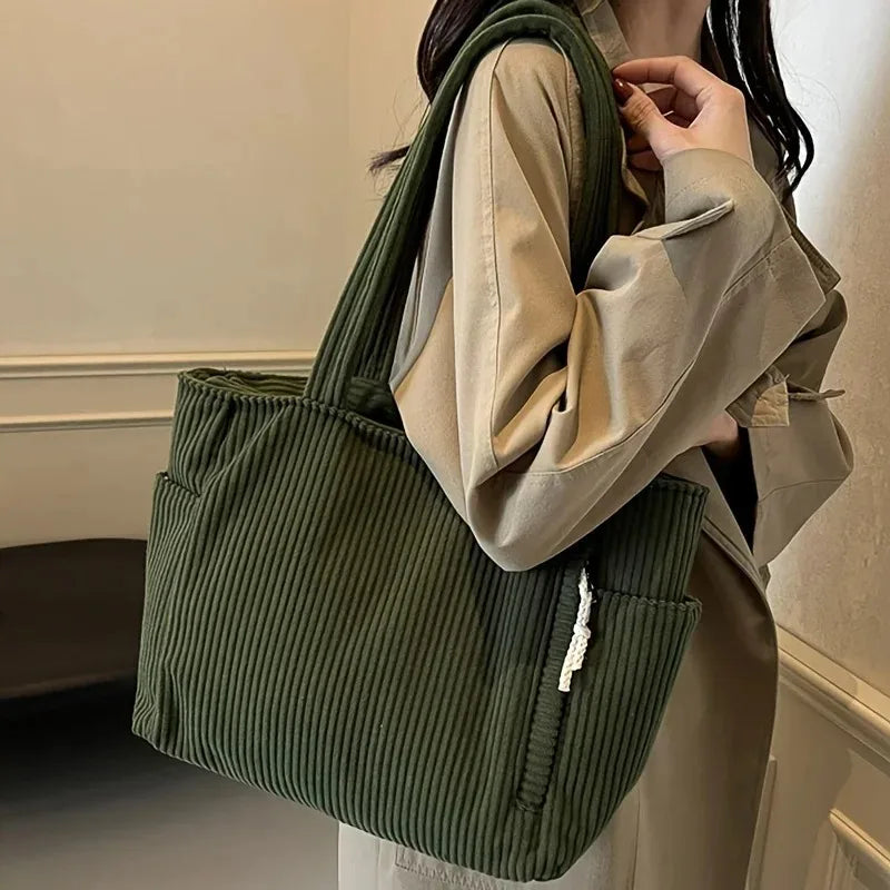 Cord Canvas Umhängetasche Lässige einfarbige Einkaufstasche mit mehreren Fächern für Damen Pendeln Einkaufen Fitness Aufbewahrung Handtasche