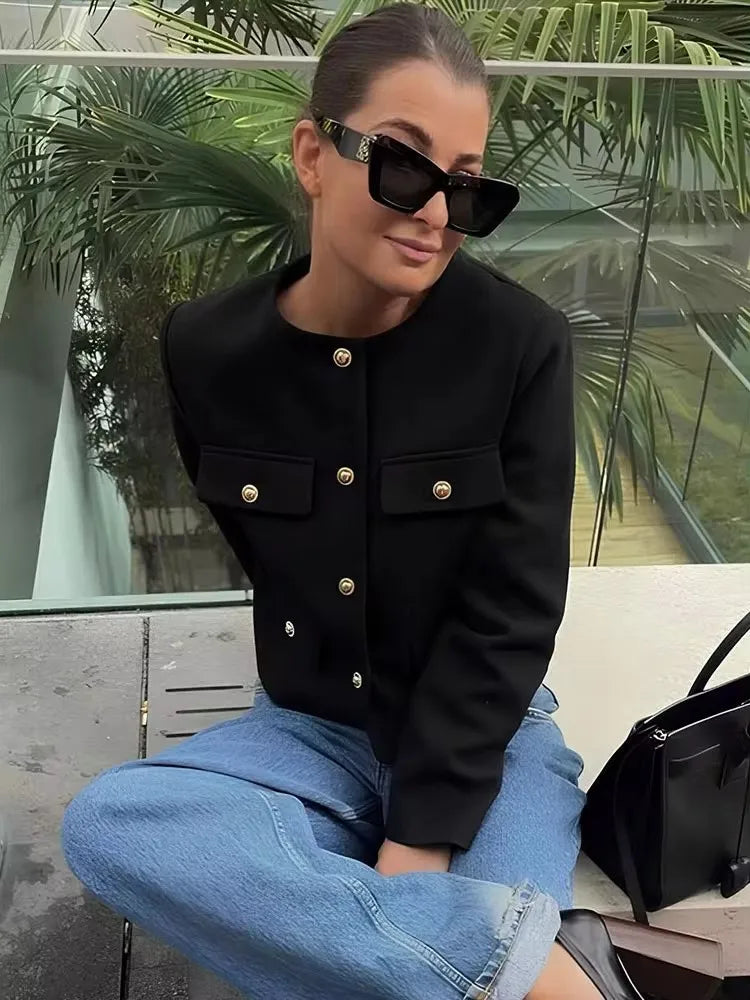 HH Damen Vintage Uni-Mantel Knopf Langarm Rundhals Jacke mit Tasche 2024 Frühling Eleganter Weiblicher Freizeit-Mantel Jacke