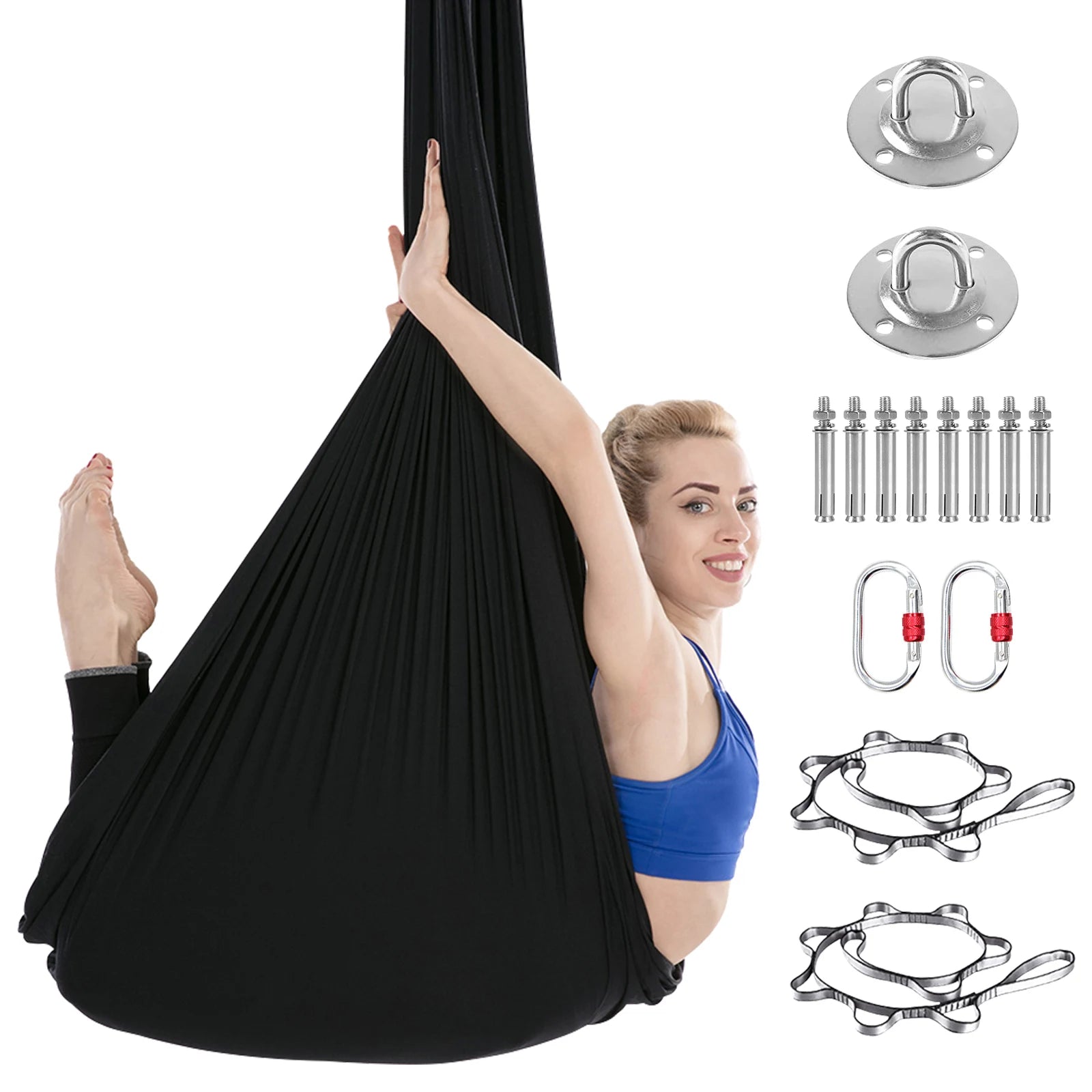 Aerial Yoga Hammock Set Fitness Pilates Silk Fabric Yoga Swing 5.5 Yards Include Carabiners Daisy Chain for Inversion Exercises