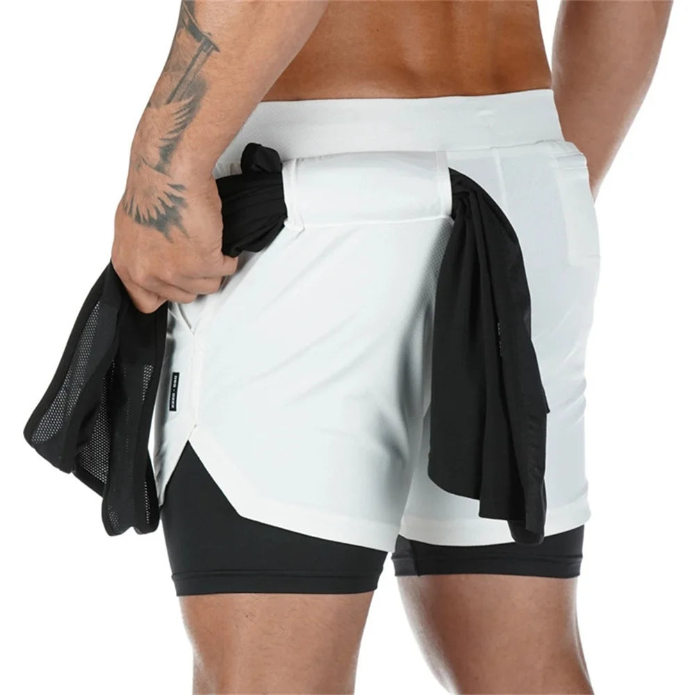 Herren Gym Sports Shorts Jogging Laufen Atmungsaktive Fitness Training Doppellagiges Shirt Versteckte Tasche Lässige Tarnshorts