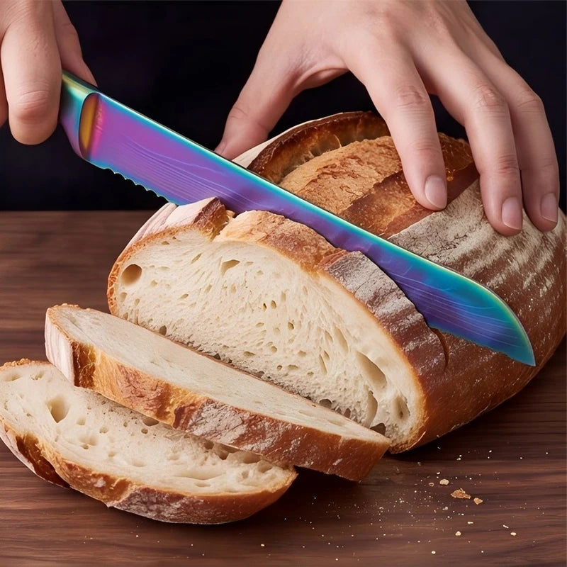 BAFENGS Rainbow Knife Set, Laser Printed Damascus Pattern, Stainless Knives, Chef Bread Santoku Utility Knife, Kitchen Scissors