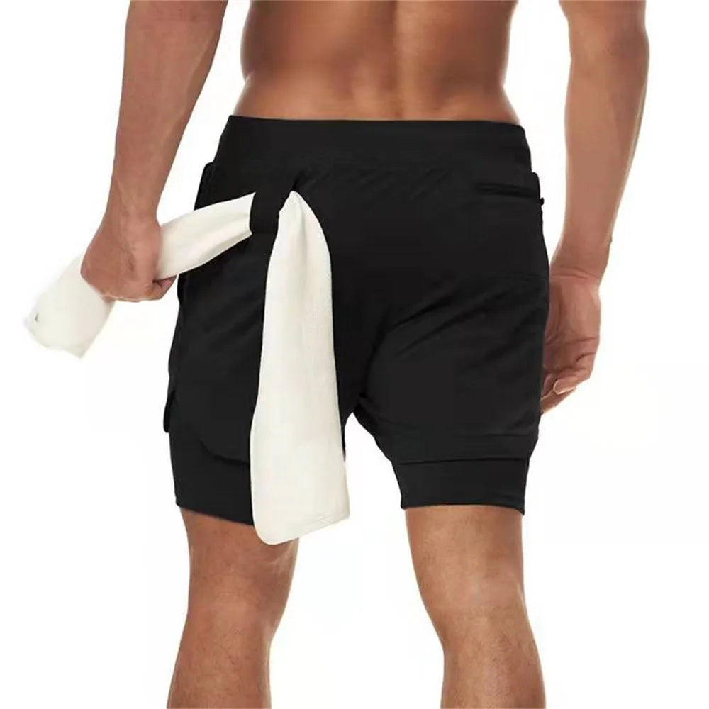 Herren Gym Sports Shorts Jogging Laufen Atmungsaktive Fitness Training Doppellagiges Shirt Versteckte Tasche Lässige Tarnshorts