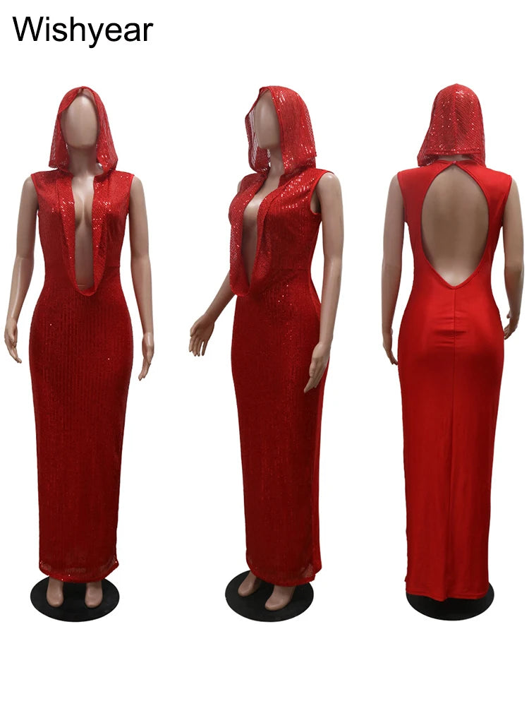 Neues Luxus-Geburtstags-Rot-Kapuzenkleid für Damen, sexy tiefer V-Ausschnitt, Pailletten, Glitzer, Mesh, durchsichtig, offener Rücken, glitzerndes Abendkleid