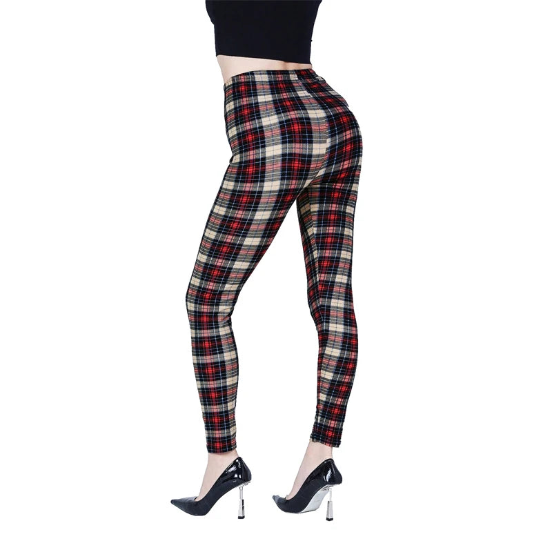 Khakifarbene karierte Sport- und Fitness-Leggings für Damen