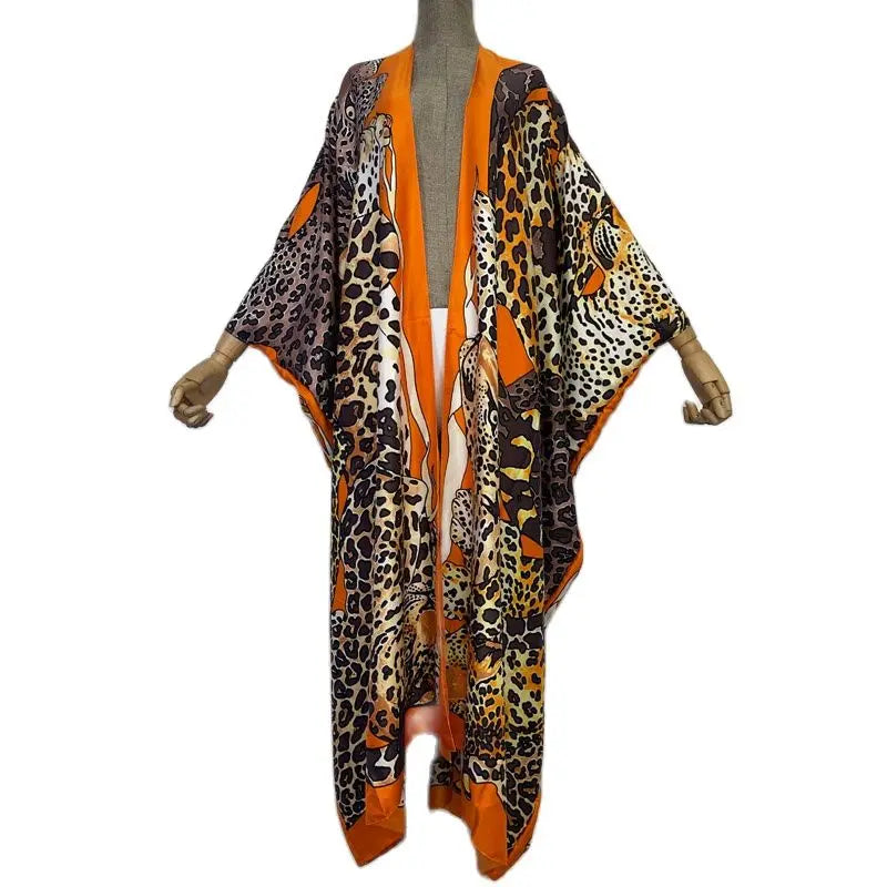 WINYI 2022 Afrika Leopardenmuster Strandmode Badeanzug Elegant Afrika Damen Boho Cardigan Sexy Urlaub Langarm Kimono Kleid