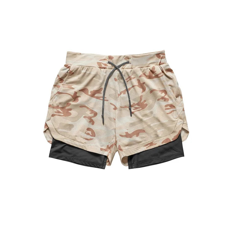 Herren Gym Sports Shorts Jogging Laufen Atmungsaktive Fitness Training Doppellagiges Shirt Versteckte Tasche Lässige Tarnshorts