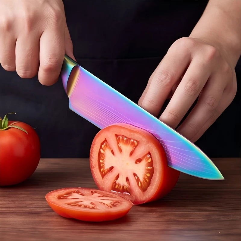 BAFENGS Rainbow Knife Set, Laser Printed Damascus Pattern, Stainless Knives, Chef Bread Santoku Utility Knife, Kitchen Scissors