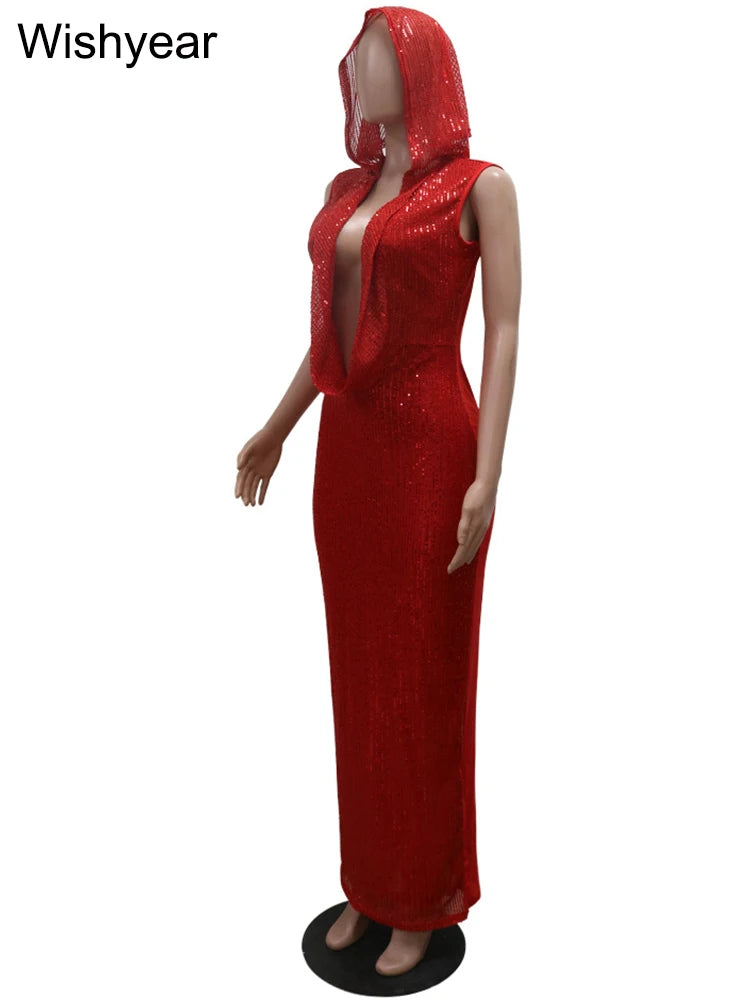 Neues Luxus-Geburtstags-Rot-Kapuzenkleid für Damen, sexy tiefer V-Ausschnitt, Pailletten, Glitzer, Mesh, durchsichtig, offener Rücken, glitzerndes Abendkleid