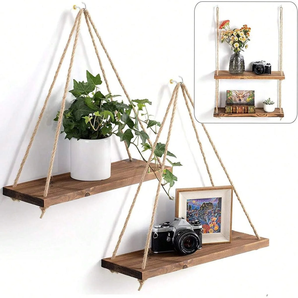 1PCS decoración de pared, cuerda colgante, maceta, estante de almacenamiento, estante de madera para colgar en la pared, decoración colgante, decoración del hogar