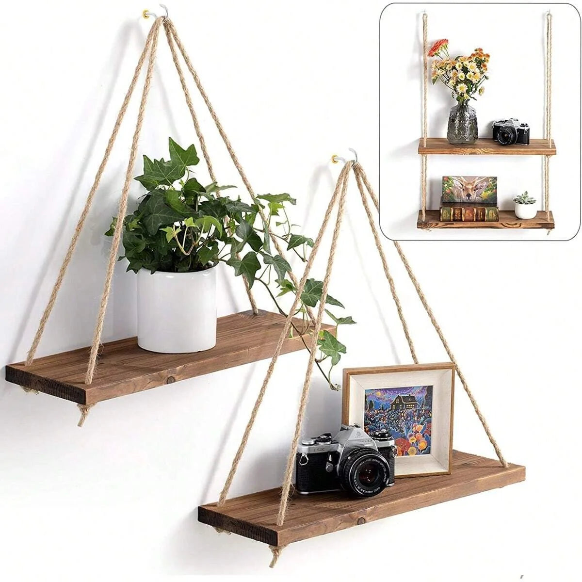 1PCS decoración de pared, cuerda colgante, maceta, estante de almacenamiento, estante de madera para colgar en la pared, decoración colgante, decoración del hogar