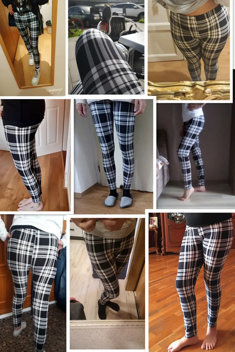 Khakifarbene karierte Sport- und Fitness-Leggings für Damen