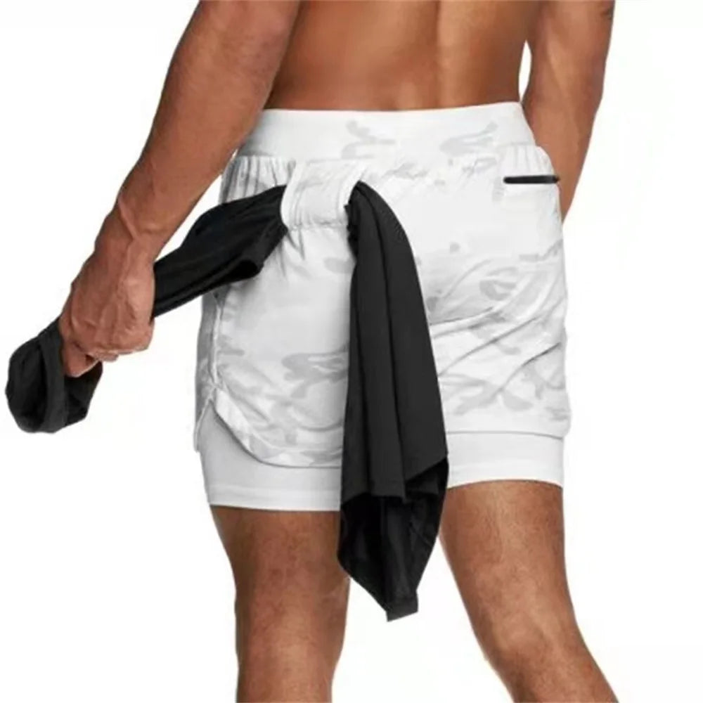 Herren Gym Sports Shorts Jogging Laufen Atmungsaktive Fitness Training Doppellagiges Shirt Versteckte Tasche Lässige Tarnshorts