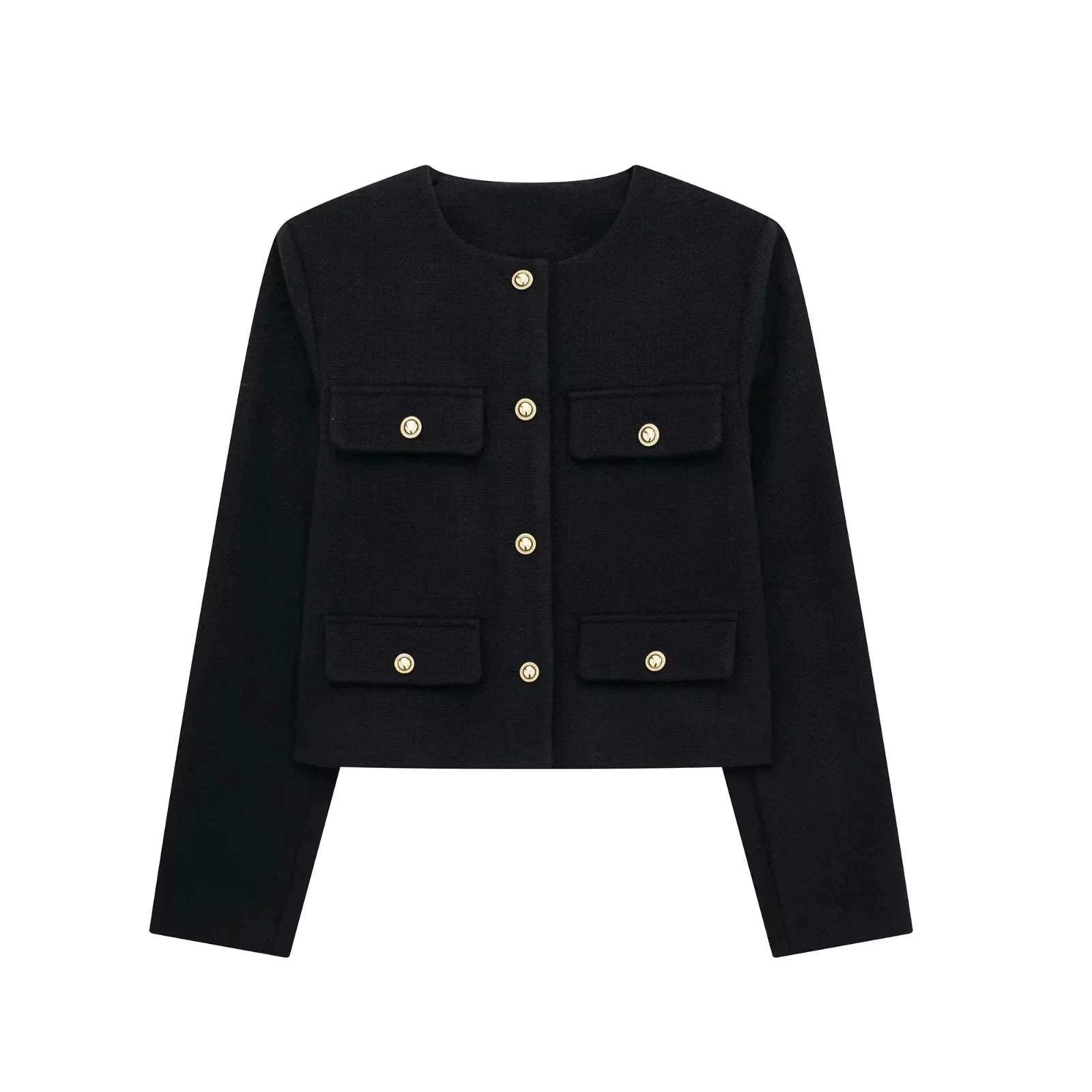 HH Damen Vintage Uni-Mantel Knopf Langarm Rundhals Jacke mit Tasche 2024 Frühling Eleganter Weiblicher Freizeit-Mantel Jacke