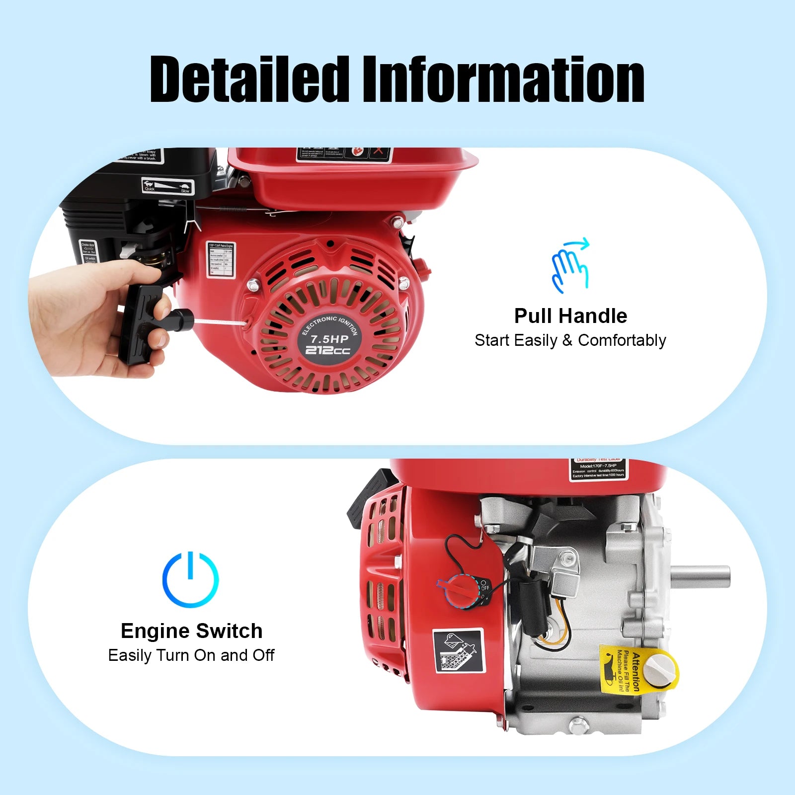 4-Takt 212cc Benzinmotor, 7,5PS 4000W 3600 U/min Einzylinder-Handstart-Benzinmotor, Kurbelwellendurchmesser 20mm