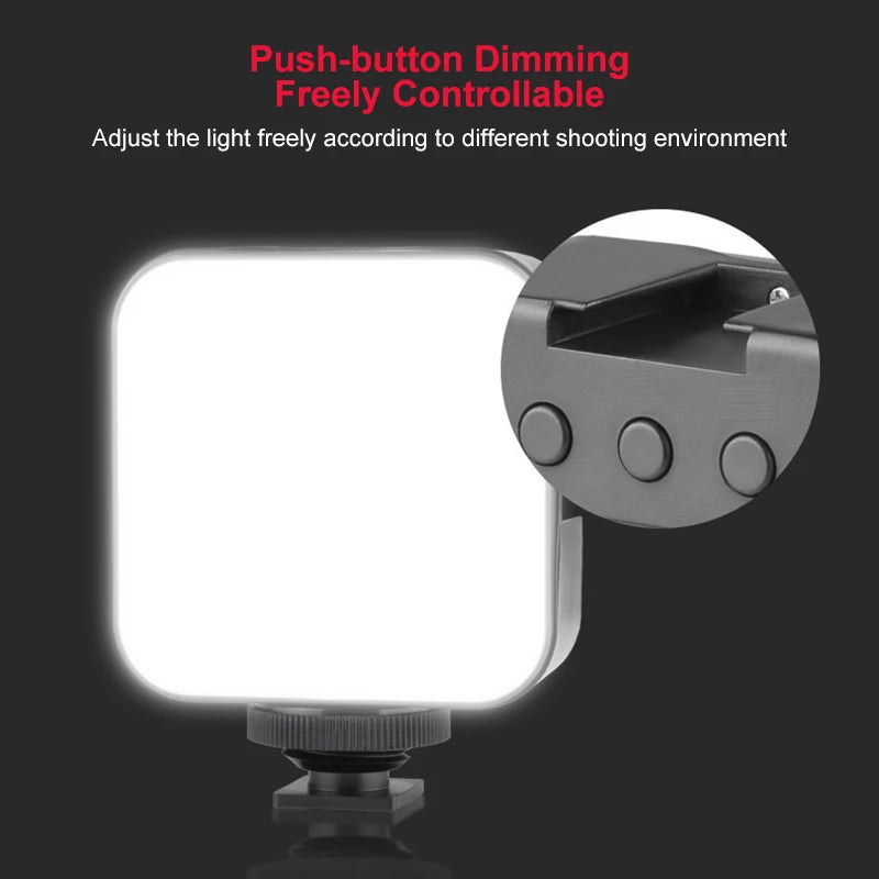 Miniluz de vídeo LED portátil, iluminación fotográfica de 6500 K, lámpara de relleno para selfie de teléfono móvil y transmisión en vivo con 3 zapatas frías, lámpara para vlogs