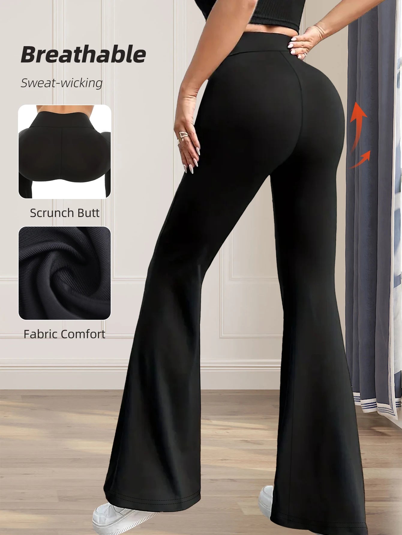 Damen-Frühlings- und Sommerhose mit hoher Taille, eng anliegende Schlaghose, schmale lange schwarze Hose, dünne weite Hose für schlanke Frauen