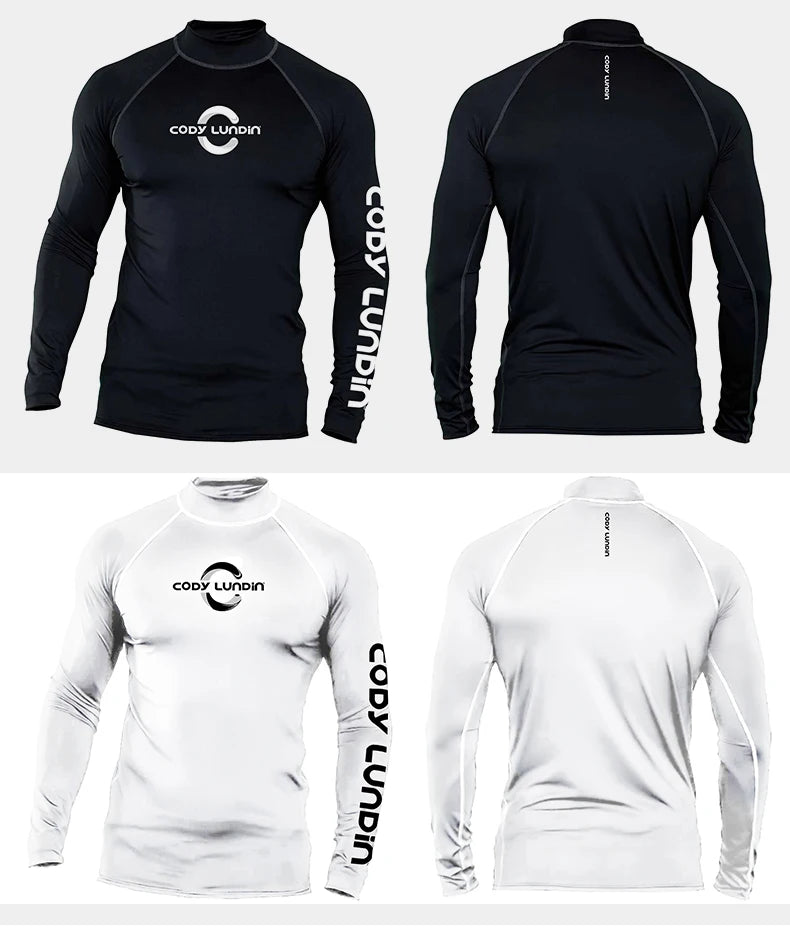 Herren UPF 50+ Kompressions-Rollkragen-Schwimm-Trainingsshirt Fitnessstudio Fitness-T-Shirt Surf-Sport-Rashguard Individuelles Logo Angel-Oberteil