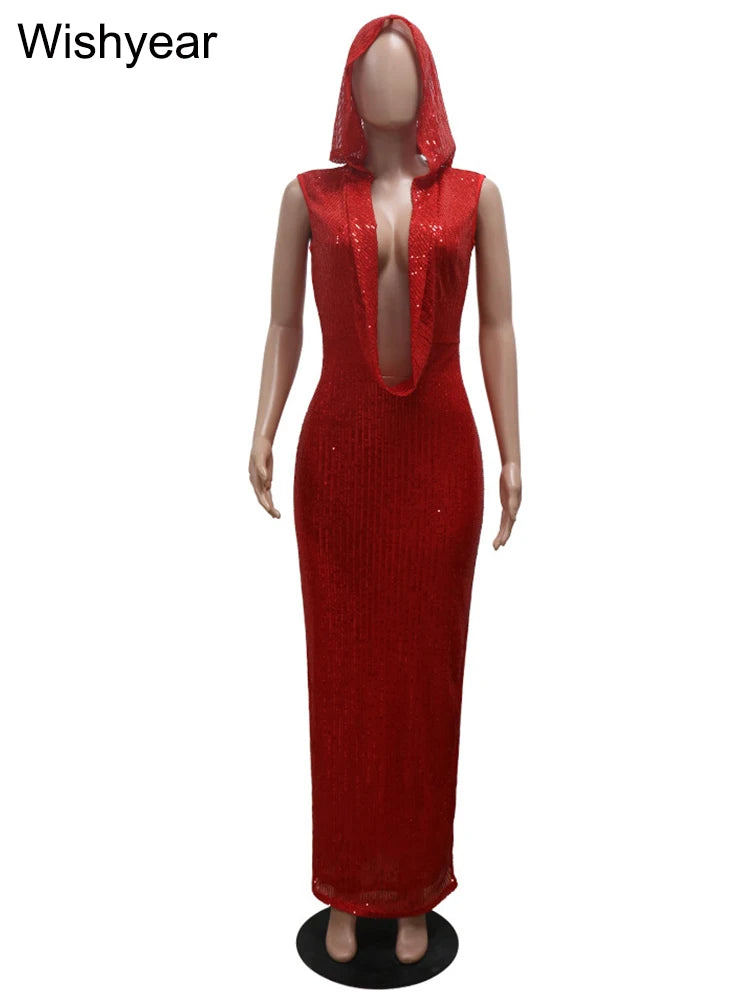 Neues Luxus-Geburtstags-Rot-Kapuzenkleid für Damen, sexy tiefer V-Ausschnitt, Pailletten, Glitzer, Mesh, durchsichtig, offener Rücken, glitzerndes Abendkleid