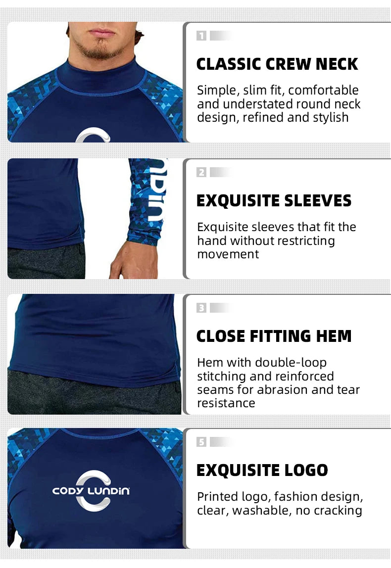Herren UPF 50+ Kompressions-Rollkragen-Schwimm-Trainingsshirt Fitnessstudio Fitness-T-Shirt Surf-Sport-Rashguard Individuelles Logo Angel-Oberteil