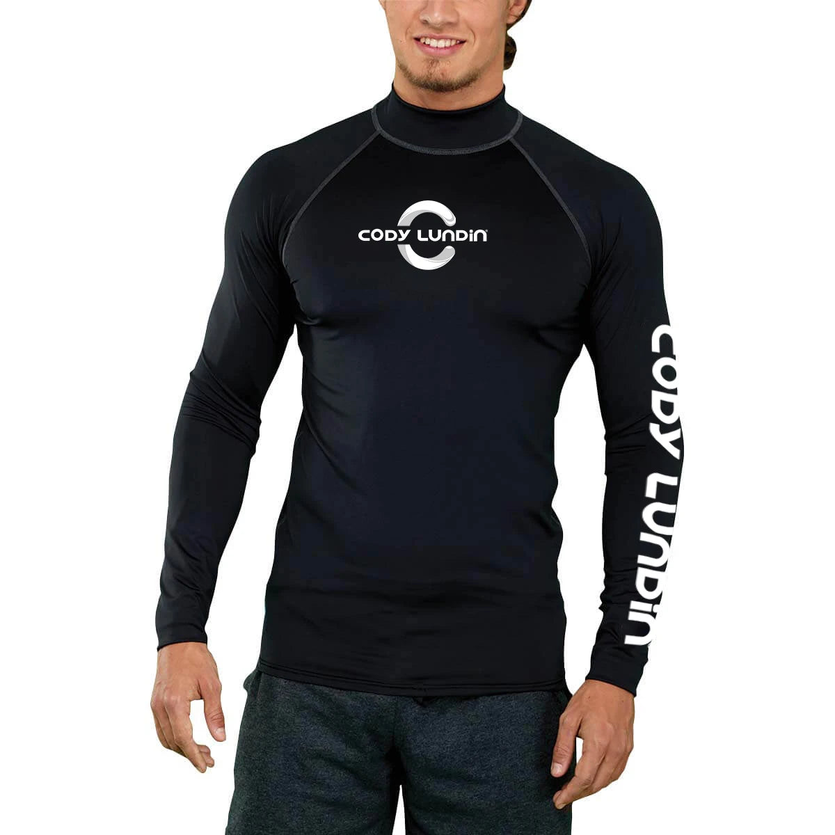 Herren UPF 50+ Kompressions-Rollkragen-Schwimm-Trainingsshirt Fitnessstudio Fitness-T-Shirt Surf-Sport-Rashguard Individuelles Logo Angel-Oberteil