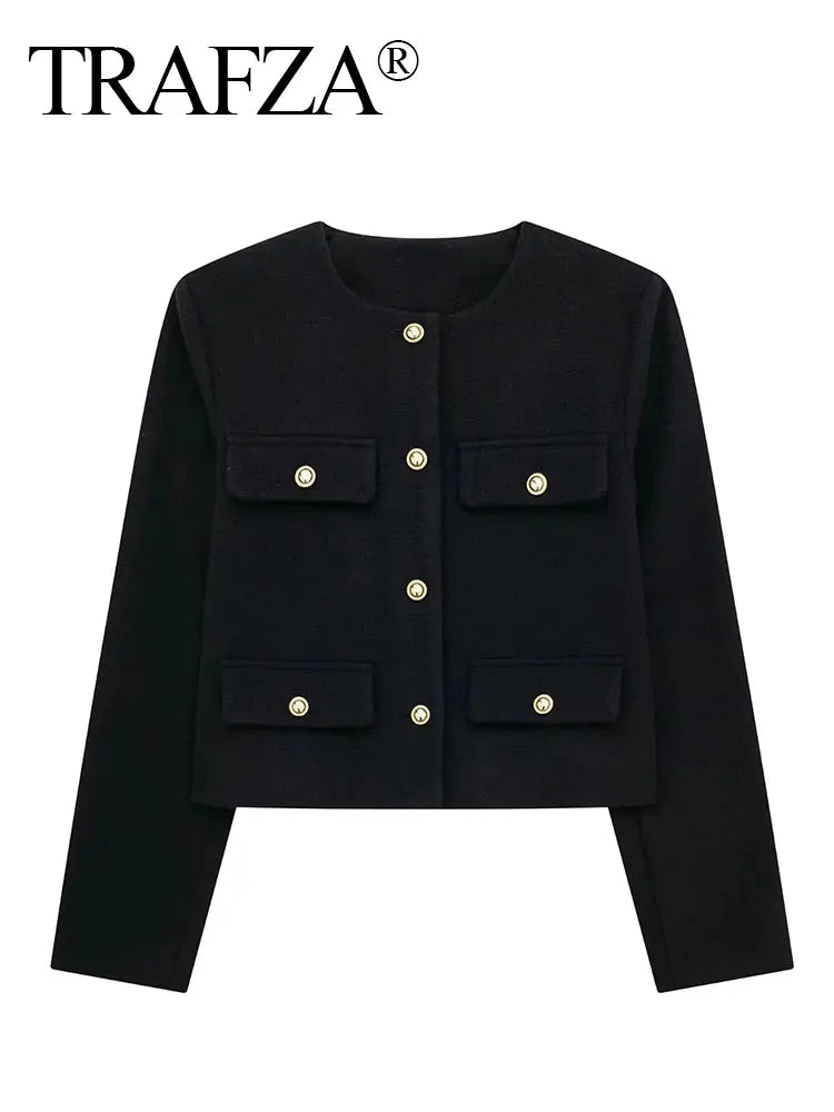 HH Damen Vintage Uni-Mantel Knopf Langarm Rundhals Jacke mit Tasche 2024 Frühling Eleganter Weiblicher Freizeit-Mantel Jacke