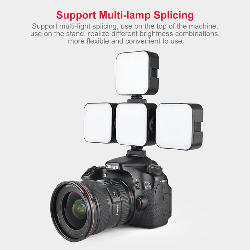 Miniluz de vídeo LED portátil, iluminación fotográfica de 6500 K, lámpara de relleno para selfie de teléfono móvil y transmisión en vivo con 3 zapatas frías, lámpara para vlogs