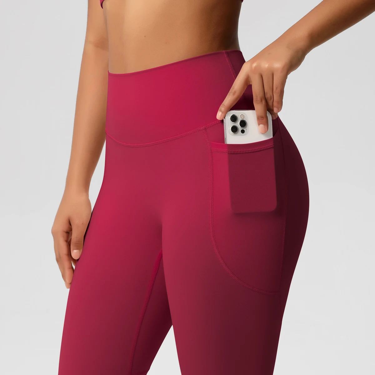 Damen High Waist Leggings Stretch Yogahose Strumpfhose mit Taschen Push Up Fitness Laufbekleidung Unifarbene Hose