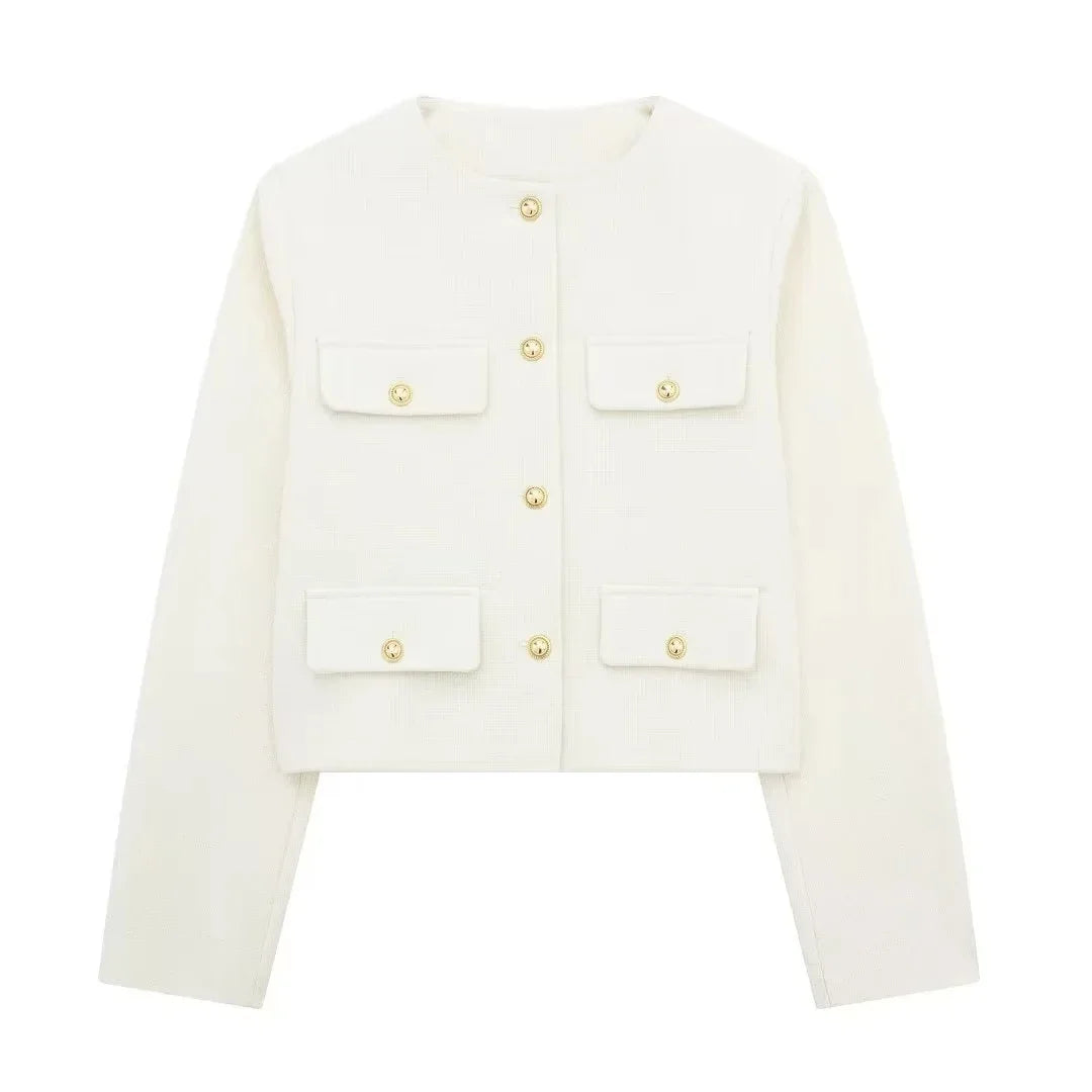 HH Damen Vintage Uni-Mantel Knopf Langarm Rundhals Jacke mit Tasche 2024 Frühling Eleganter Weiblicher Freizeit-Mantel Jacke