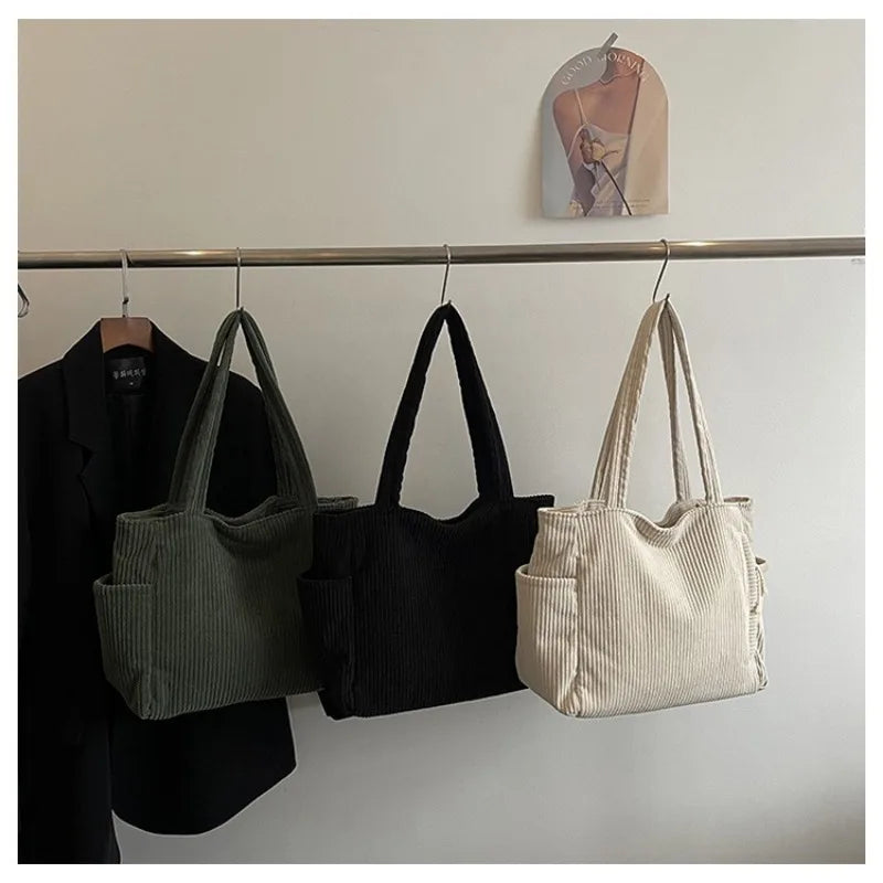 Cord Canvas Umhängetasche Lässige einfarbige Einkaufstasche mit mehreren Fächern für Damen Pendeln Einkaufen Fitness Aufbewahrung Handtasche