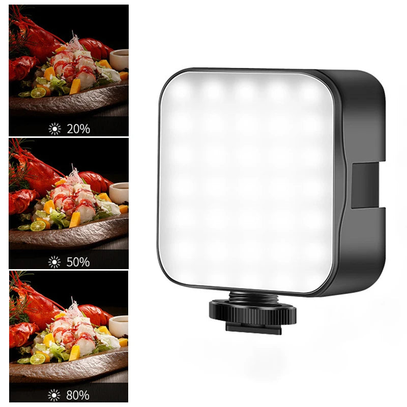 Miniluz de vídeo LED portátil, iluminación fotográfica de 6500 K, lámpara de relleno para selfie de teléfono móvil y transmisión en vivo con 3 zapatas frías, lámpara para vlogs