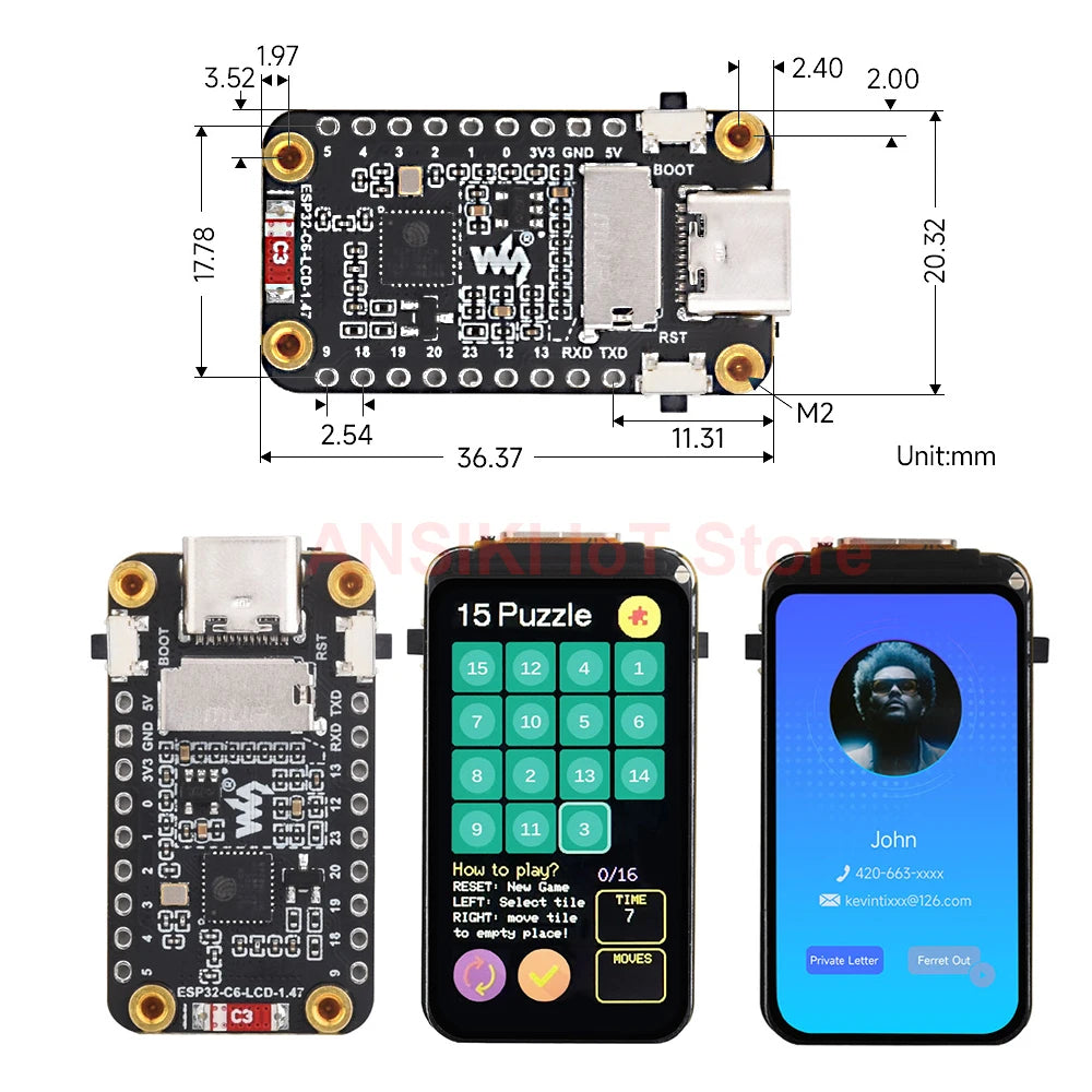 ESP32-C6 IoT Entwicklungsboard Modul LCD 1.47" Bildschirm 2.4GHz WiFi6 & BlE 5.0, für Arduino IoT Intelligentes System