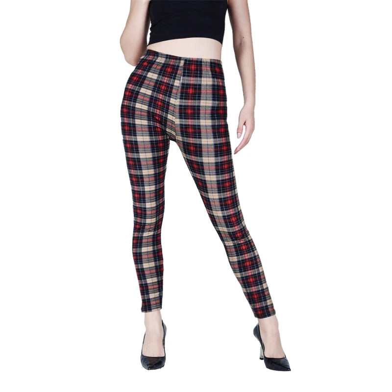 Khakifarbene karierte Sport- und Fitness-Leggings für Damen