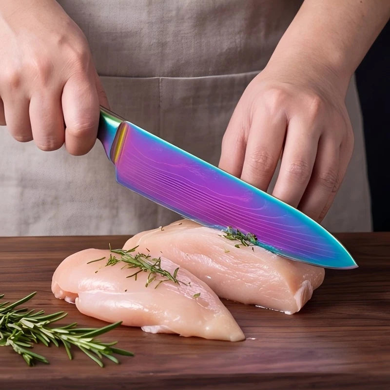 BAFENGS Rainbow Knife Set, Laser Printed Damascus Pattern, Stainless Knives, Chef Bread Santoku Utility Knife, Kitchen Scissors