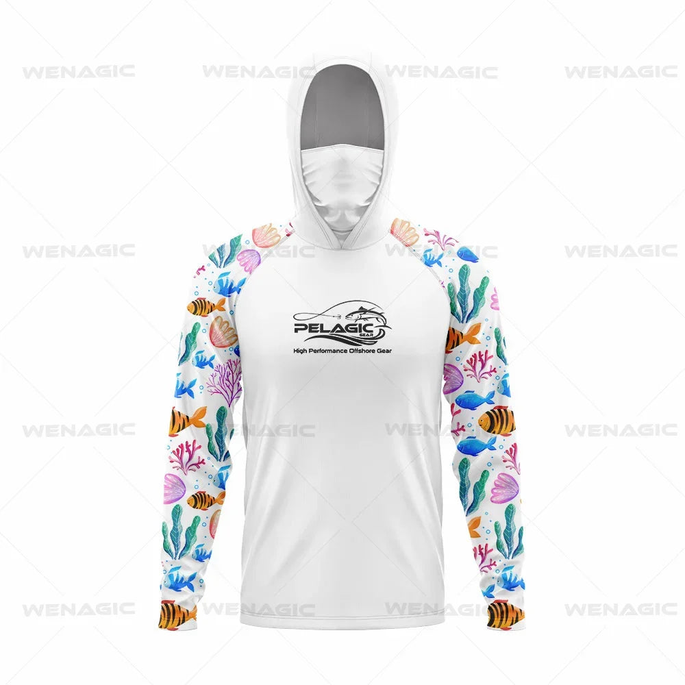 Pelagic Gear Neue Angelbekleidung Sommer Herren Langarm T-Shirt Fisch Sonnenschutz Atmungsaktive Kapuzen Gesichtsmaske Angelbekleidung