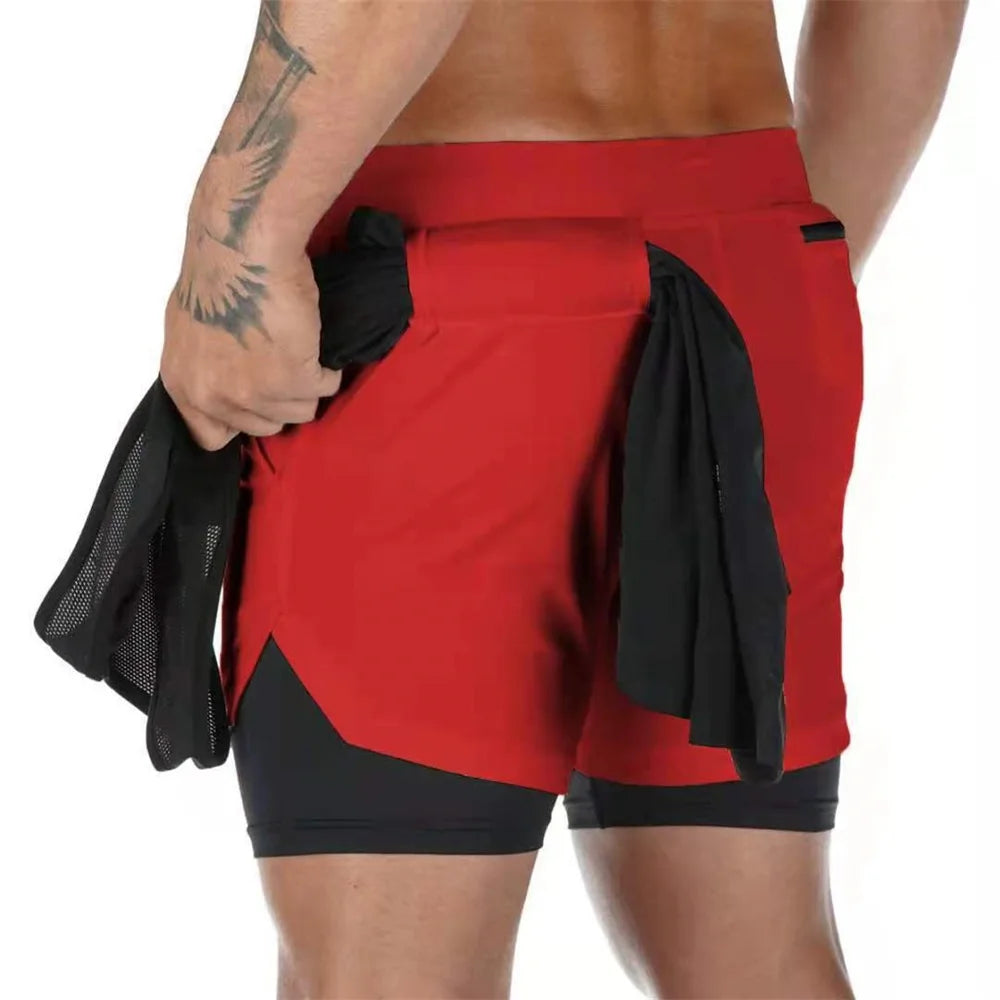 Herren Gym Sports Shorts Jogging Laufen Atmungsaktive Fitness Training Doppellagiges Shirt Versteckte Tasche Lässige Tarnshorts