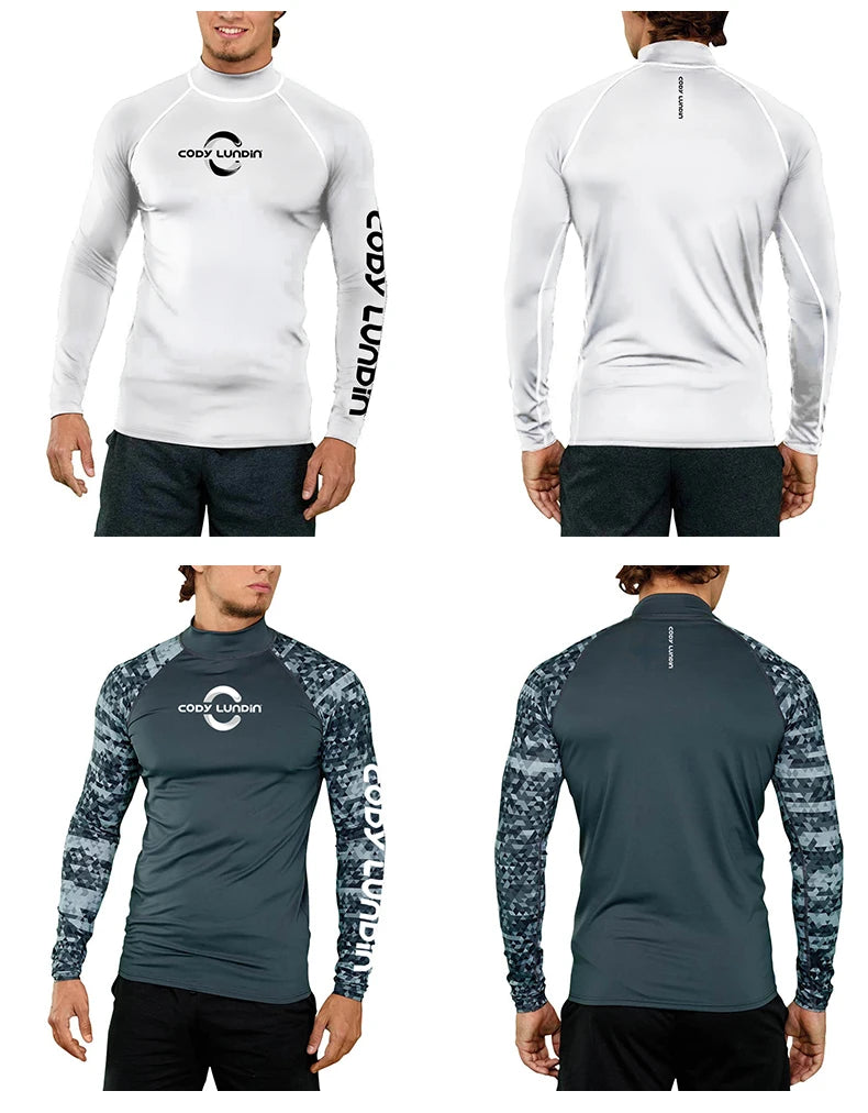 Herren UPF 50+ Kompressions-Rollkragen-Schwimm-Trainingsshirt Fitnessstudio Fitness-T-Shirt Surf-Sport-Rashguard Individuelles Logo Angel-Oberteil