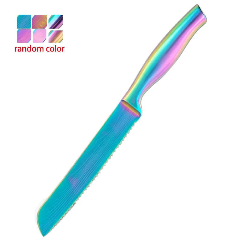BAFENGS Rainbow Knife Set, Laser Printed Damascus Pattern, Stainless Knives, Chef Bread Santoku Utility Knife, Kitchen Scissors