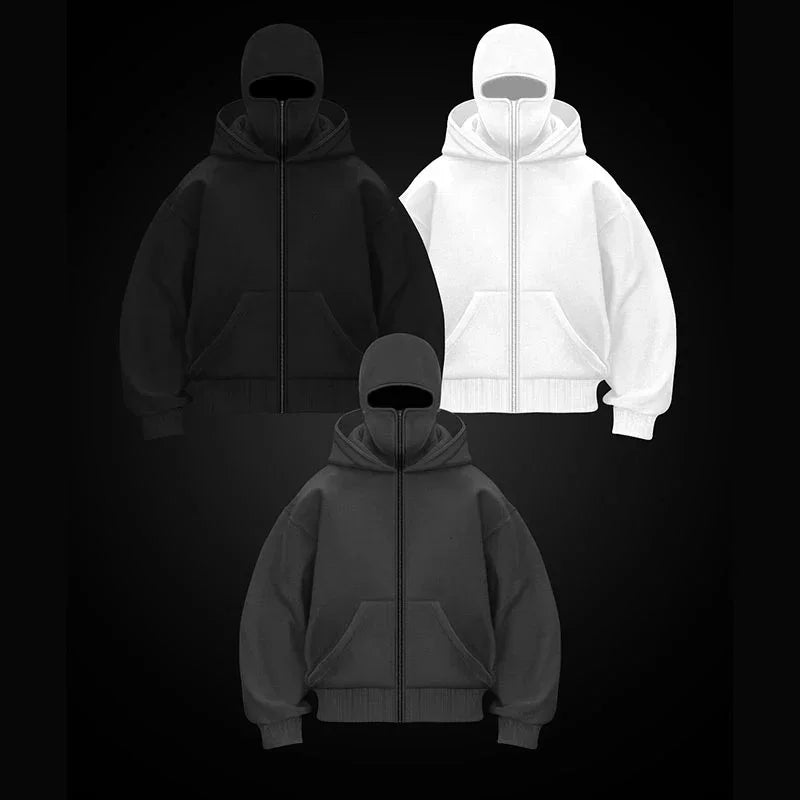 Balaclava Herren Zip Hoodie Winter Warm Lässig Sweatshirt Y2K mit Kapuzen-Gesichtsmaske Reißverschluss Design Sportjacke Outdoor-Aktivitäten