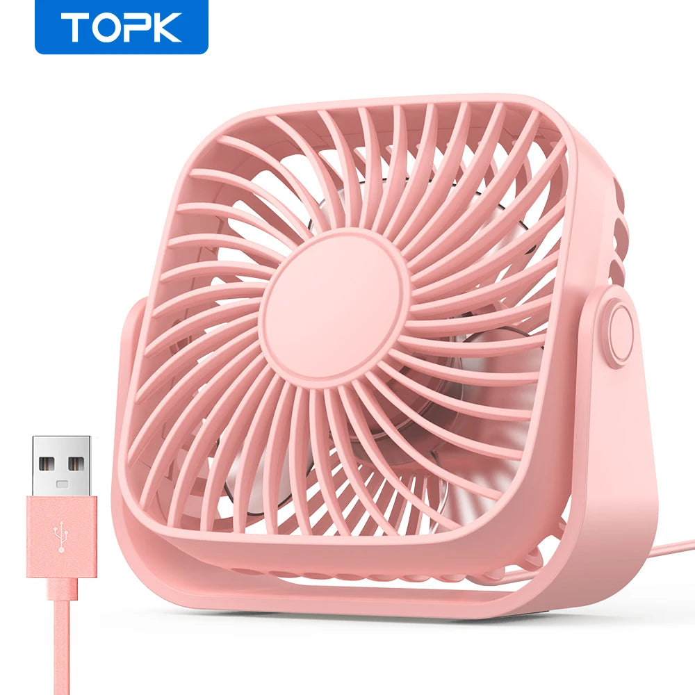 TOPK 4 Zoll USB Mini Tragbarer Ventilator für Camping, leiser Tischventilator mit 3 Geschwindigkeiten, 360° verstellbarer Standventilator für Zuhause und Zimmer