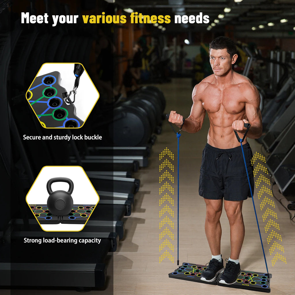 Tabla Plegable Portátil Multiusos para Flexiones con Asas y Bandas de Resistencia - Equipo de Fitness, Entrenamiento en Interiores para Gimnasio en Casa