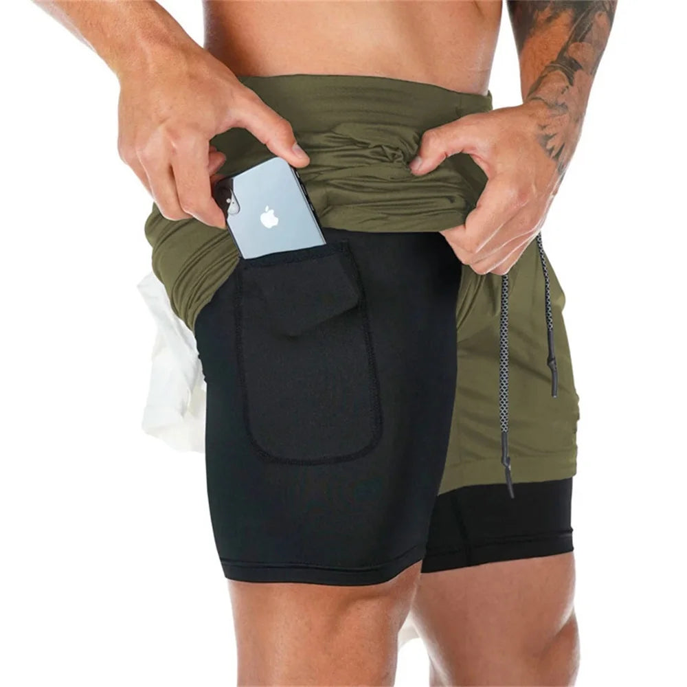 Herren Gym Sports Shorts Jogging Laufen Atmungsaktive Fitness Training Doppellagiges Shirt Versteckte Tasche Lässige Tarnshorts