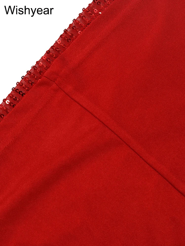 Neues Luxus-Geburtstags-Rot-Kapuzenkleid für Damen, sexy tiefer V-Ausschnitt, Pailletten, Glitzer, Mesh, durchsichtig, offener Rücken, glitzerndes Abendkleid