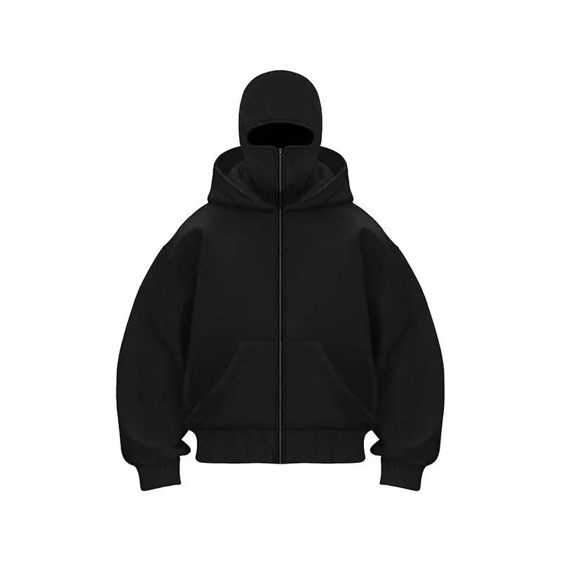 Balaclava Men Zip Hoodie Winter Warm Casual Sweatshirt Y2K with Hooded Face Mask Zipper Design Sports Jacket Outdoor Activities