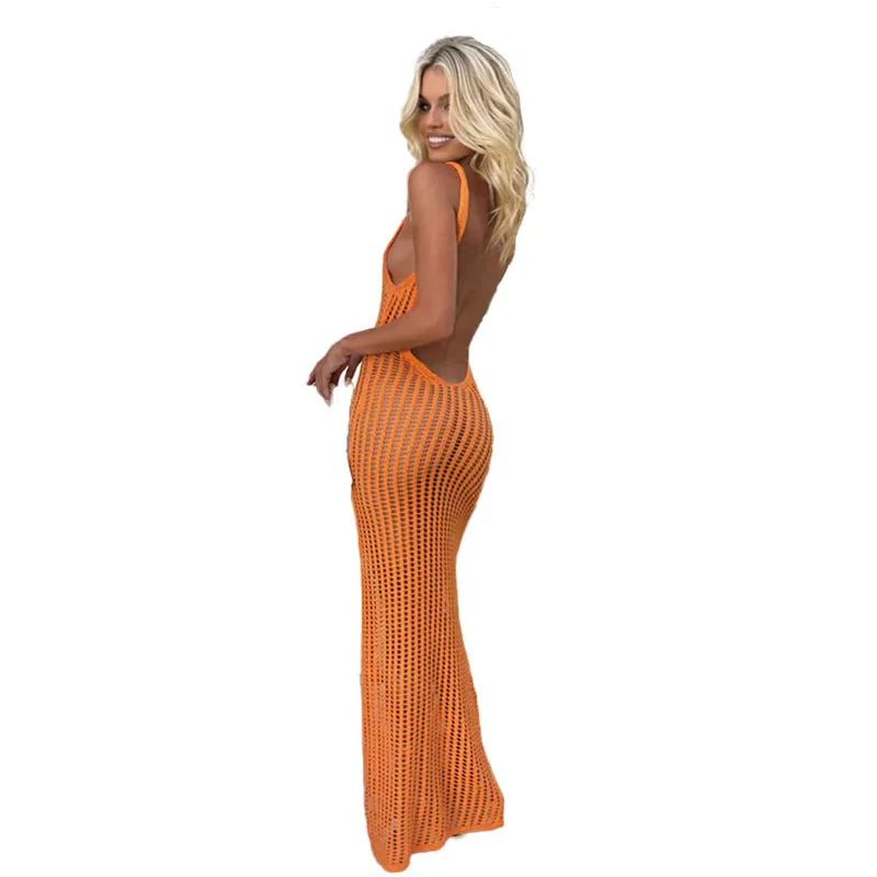 Maxikleid im sexy Stil, gestrickt, atmungsaktiv, Strandkleid, Überwurf, hohl, Taillenausschnitt, langes Kleid, Urlaub, Sonnenschutz, Camisole-Kleid