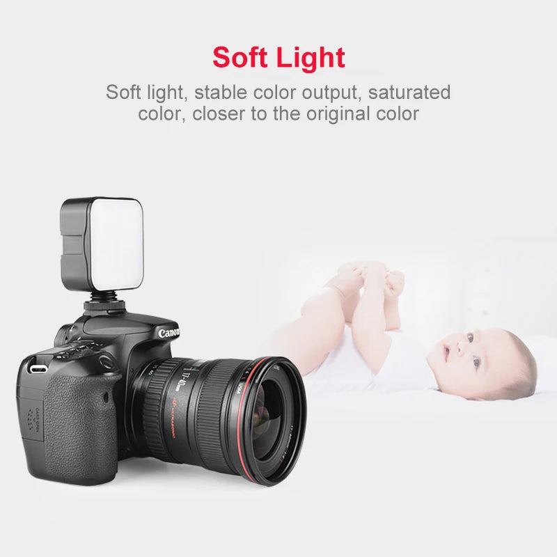 Miniluz de vídeo LED portátil, iluminación fotográfica de 6500 K, lámpara de relleno para selfie de teléfono móvil y transmisión en vivo con 3 zapatas frías, lámpara para vlogs