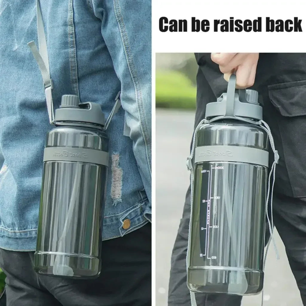 Neue 3-Liter-Trinkflasche mit Strohhalm, Fitness-Flasche mit Riemen für Outdoor, Reisen, Sport, große Kapazität