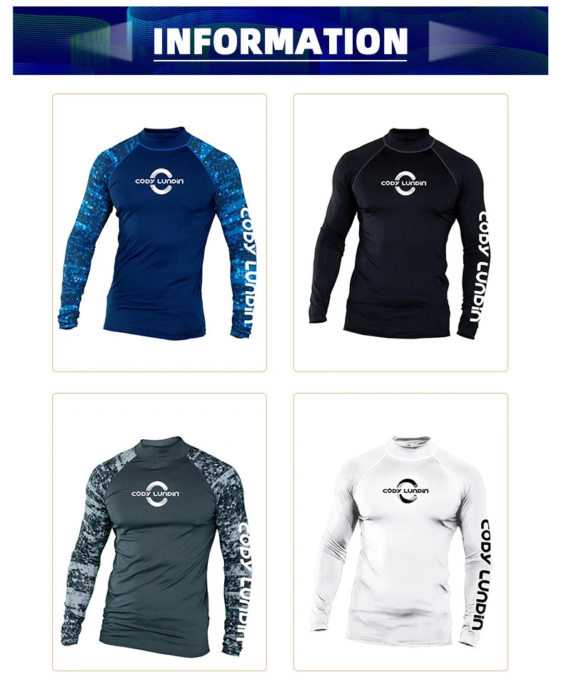 Herren UPF 50+ Kompressions-Rollkragen-Schwimm-Trainingsshirt Fitnessstudio Fitness-T-Shirt Surf-Sport-Rashguard Individuelles Logo Angel-Oberteil