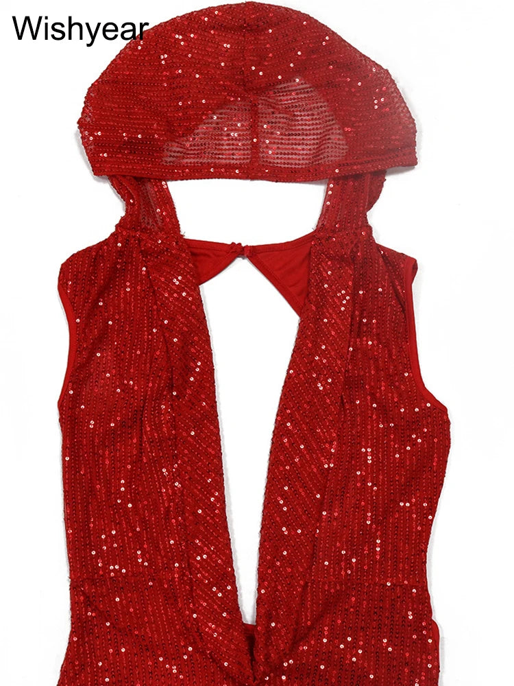Neues Luxus-Geburtstags-Rot-Kapuzenkleid für Damen, sexy tiefer V-Ausschnitt, Pailletten, Glitzer, Mesh, durchsichtig, offener Rücken, glitzerndes Abendkleid
