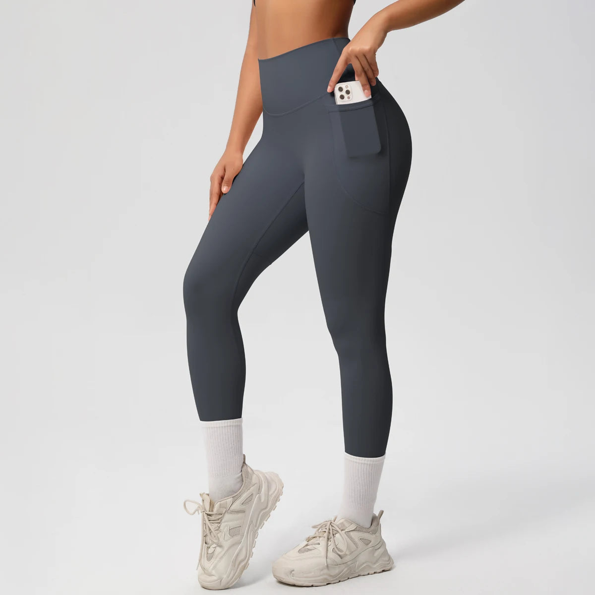 Damen High Waist Leggings Stretch Yogahose Strumpfhose mit Taschen Push Up Fitness Laufbekleidung Unifarbene Hose