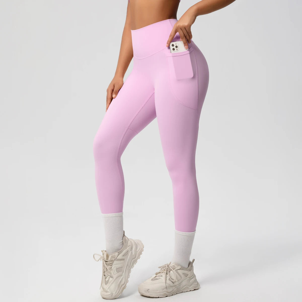 Damen High Waist Leggings Stretch Yogahose Strumpfhose mit Taschen Push Up Fitness Laufbekleidung Unifarbene Hose